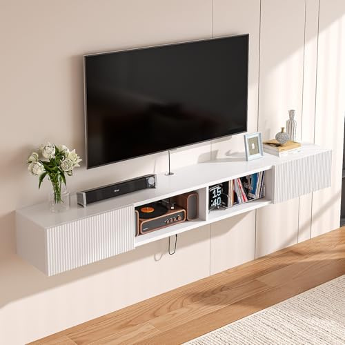 FloatiCasa 55'' Floating TV Unit with Doors and Caibinets, Wall Mount TV Stand,Floating TV Cabinet,Media Wall UNit Under TV Shelf with Storage for Living Room Bedroom,White