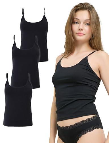 mimosso Top de espaguetis para mujer de algodón orgánico, paquete de 3 unidades, ajuste ceñido, camisetas interiores de alta calidad con tirantes clásicos (talla S-2XL), Negro , S
