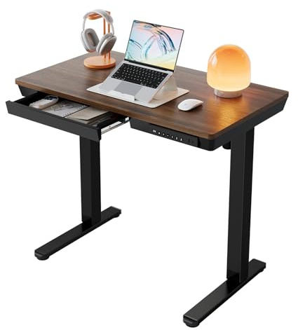 HUANUO 88 x 50 cm höjdjusterbart skrivbord med låda, höjdjusterbart skrivbord, hela bordsskiva, USB-laddningsport och 3 minnesfunktioner valnöt