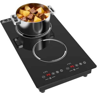 GTKZW Placa de Inducción 2 Fuegos 3000W, Domino Placa de Cocina Eléctrica Encastrable y Portátil, Hornillo con Temporizador y 9 Niveles para Autocaravana, Estudio y Cocina Pequeña