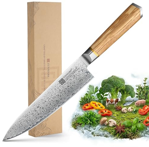 Coltello da Chef in Acciaio Damasco a 67 Strati con anima in acciaio 10Cr15CoMoV (60±2 HRC), lama ultra affilata a 13° per lato. Taglio preciso, lunga tenuta del filo e alta resistenza alla corrosione