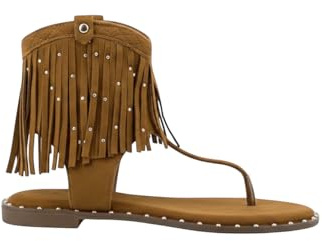 MODELISA - Sandalia Plana con Flecos Estilo casual con Tachuelas Cierre de Cremallera para Mujer (Camel, Sistema tallas calzado EU, Adulto, Mujer, Números, mediano, 37)
