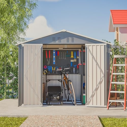 Cobertizo de metal 229 x 180 x 191 cm – cobertizo de metal antracita con puerta plegable y marco de base, resistente a la intemperie como garaje de bicicletas y cobertizo para terraza y jardín