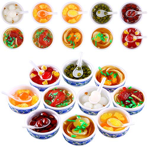 10 Pieces Mini Toy Food Miniatures Chinese Play Food Blue and White Pottery Sweet Soup Syrup Noodle Bowls for Kitchen Dollhouse Accessories