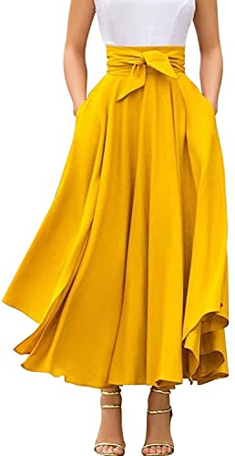 Womens High Waisted Tummy Control Elegant Flowy Long Skirt Solid Color A-line Swing Maxi Skirt(UK 16/Tag 2XL) Yellow