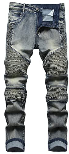 COOSVEN Men Ripped Jeans, Slim Fit Straight Leg, Denim Pants with Holes (Distressed Blue Biker - Stretch, 38)