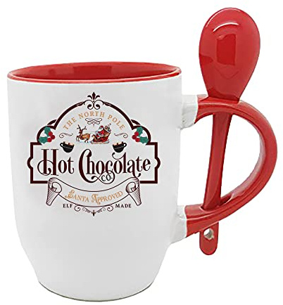 Getagift North Pole Mug, Hot Chocolate Santa Claus Approved, Secret Santa Christmas Coffee/Tea Cocoa Soup Daily Use 11oz Inside Coloured With Spoon (Red)