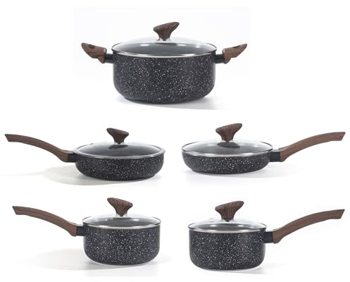 HOUSZY 10-Piece Non-Stick Granite Cookware Set with Tempered Glass Lids – Induction Compatible Pots and Pans, Scratch-Resistant, Stay-Cool Handles, Suitable for All Hob Types