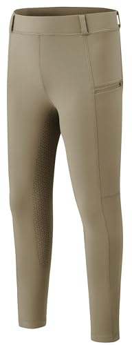 MoFiz Girls Breeches Horse Riding Pants Summer Kids Equestrian Pull On Horseback Tights Zip Pocket Youth Schooling Khaki Small