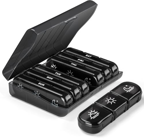 Tablettenbox 7 Tage Morgens Mittags Abends,Klein Pillendose Große Fächer,3 Fächer Pillenbox,Tablettendose Wochenbox Supplement Box Organizer,BPA-freier tragbare Medikamentenbox (Schwarz)