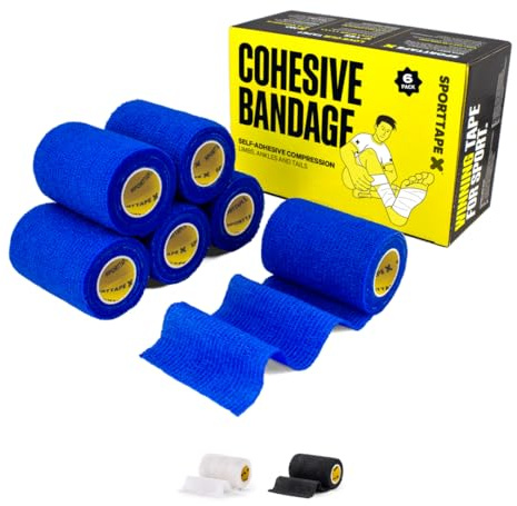 SPORTTAPE 6 Rolls Self-Adhesive Cohesive Bandage, 7.5cm x 4.5m, Blue | Compression & Vet Wrap for Dogs, Horses, Sports Stretch Tape for Football, Ankles, Joints, Fingers, Wrists & Sock Tape
