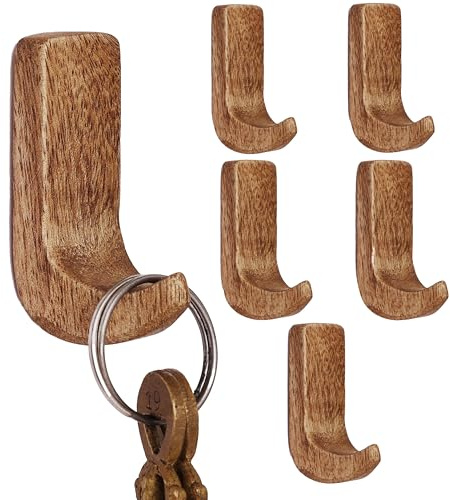 Indian Shelf Decorative Wood Adhesive Wall Hooks - No Damage Boho Hooks for Keys, Jewelry, Leashes and Lightweight Accessories - 6 Hangers with 12 Strips