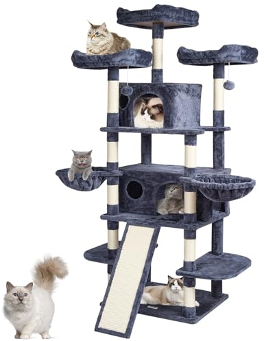 VEVOR Arbre à chat, 174 cm, tour d'escalade à chats avec griffoir en sisal, 2 niches, hamacs, perchoirs supérieurs, plates-formes de saut, rampe, balles suspendues, pour activité intérieur, gris foncé