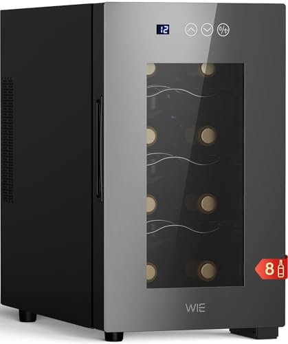 WIE Weinkühlschrank 8 Flasche Getränkekühlschrank 23L Weinschrank Klein 5-18°C Wein-Kühlschrank mit Glastür Vollglas-Designtür LED Touchpanel Anti-UV Mini Wine Fridge
