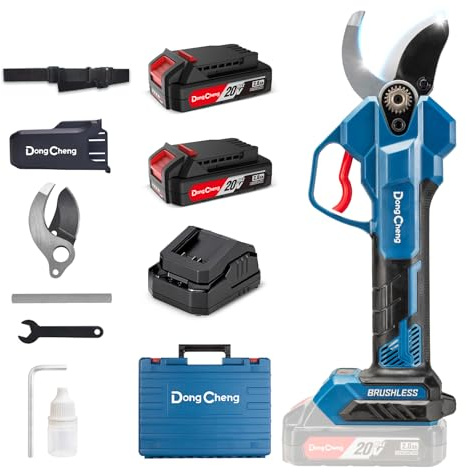 Dong Cheng Tijeras de podar inalámbricas 20V, 4 etapas de corte hasta 35 mm, Tijeras de jardín profesionales con motor sin escobillas, 2 baterías de 2,0Ah, Cargador de 2A, Hoja SK5 - para árboles