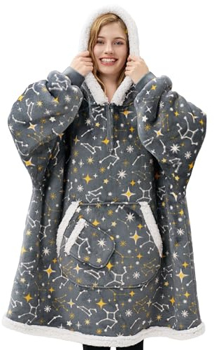 Giggling Getup Wearable Blanket Hoodie for Adults Gifts for Teen Girls Sister Women Sherpa Fleece Printed Hooded Blanket Sweatshirt Warm Cozy with Pocket & Sleeves Grey Glowing Stars