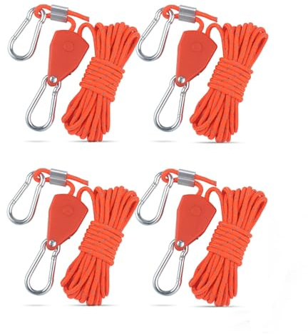 Reflective Tent Guy Ropes,4 Pcs Tent Guy Ropes with Pulley 4 m Heavy Duty Camping Cord Guide Rope with Aluminum Adjuster 4mm Adjustable Ratchet Rope Ratchet with Hooks for Awning Outdoor Tarp Hiking