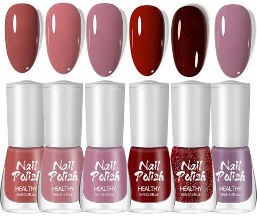 Nail Polish Set – 6 Colours Nude Pink Mauve Red & Glitter Nail Varnish, Quick Dry Long Lasting Non-Toxic Nail Polish for Women & Girls, Glossy & Sparkly Nail Polish Set for DIY Manicure, 8 ml Each
