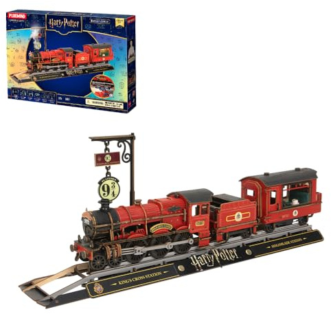 PUREMIND Harry Potter Puzzle 3D de Madera con Licencia Oficial - Modelo del Tren Hogwarts Express para Adultos con Luz-Vapor-Sonido - Locomotora Móvil de Madera con Base Plataforma 9¾