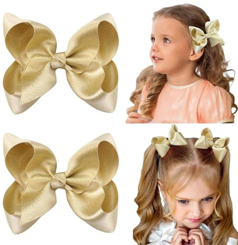FrostyFlair Gold Hair Bow, 2 Pieces Glitter Satin Hair Bows for Girls, Christmas Hair Accessories with Alligator Clips, Hair Clips for Children & Teens