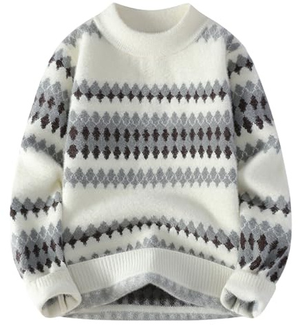 BIBOKAOKE Norvégien Pull d'hiver en tricot pour homme - Col rond - Pull thermique vintage - Avec motif jacquard - Pull d'hiver chaud pour homme, Style #d03 gris, XXL
