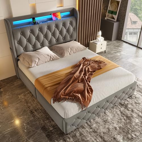 Sapgaks - Cama de 140 x 190 cm con LED y USB, marco de cama de 140 x 190, cama para 2 personas con almacenamiento de cama doble acolchada, cabeza con estantes y espacio de almacenamiento, con 4