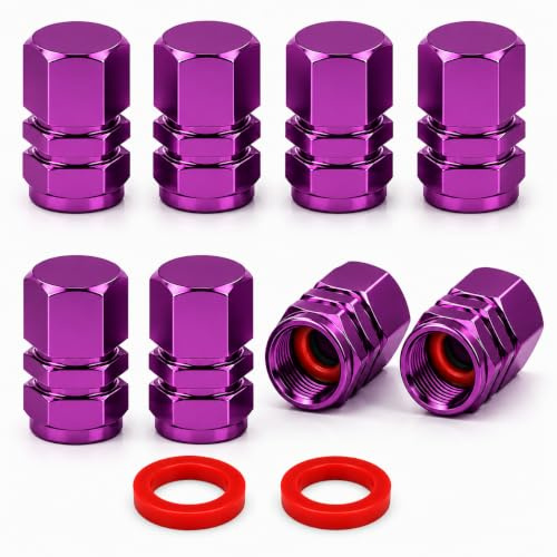 Aluminium Ventilkappen für Autoreifen, Universal, für PKW, SUVs, Fahrrad, LKW und Motorräder, Robustes luftdichtes Siegel, Easy-Grip-Einsatz, Schrader-Ventile (8X Lila)