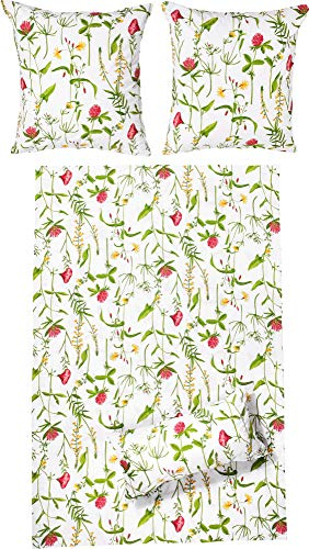 Erwin Müller Perkal-Seersucker Bettwäsche rot-grün-weiß Größe 40x80 cm / 135x200 cm geblümt, schnelltrocknend, bügelfrei, mit Reißverschluss