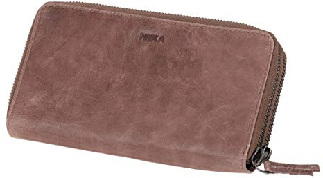 MIKA 42174 - Damengeldbörse aus Echt Leder, Portemonnaie im Querformat, Geldbeutel mit 9 Kartenfächer, 2 Scheinfächer und Münzfach mit Reißverschluss, Brieftasche in grau braun, ca. 19,5 x 10,5 x 3 cm