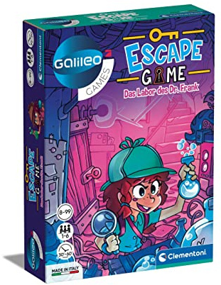 Clementoni 59226 Escape Game El Laboratorio del Dr. Frank, Juego de Mesa para romperse la Cabeza y descifrar Enigmas, Incluye Cartas de acertijos y Accesorios, Juego Familiar a Partir de 8 años
