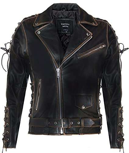 Herr Fringe Hide Leather Brando Tofsad Motorcykeljacka Retro Biker, Svart gnugga av, XS