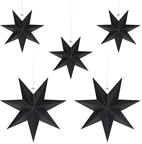 Estefanlo Stella Pieghevole Natale, Decorazione Stella di Carta 7 Punte, 5 Stelle di Carta Nero da Appendere, 25 cm x 3 + 40 cm x 2, Carta Stellata per Decorazione Finestra, Avvento, Albero di Natale