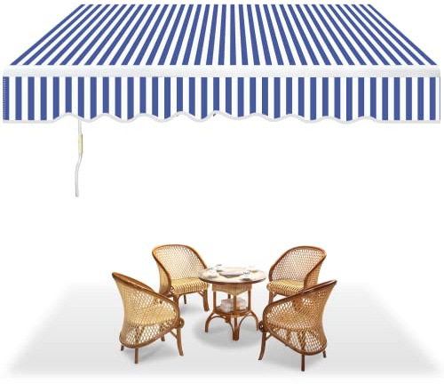 SWANEW Tenda da sole con braccio articolato, Tenda da Sole Avvolgibile, Tenda da Sole a Muro con Bracci Estensibili e Manovella per Balcone e Terrazzo, Anti-UV 3,5 x 3,0 m, Blu bianco