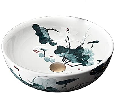TOMYEUS Bathroom Sink Ceramic Bathroom Vessel Sink Bowl Round Blue and White Porcelain Art Countertop Vanity Wash Basin with Lotus Leaf Lotus Pattern Lavatory Vanity (Color : Only washbasin)