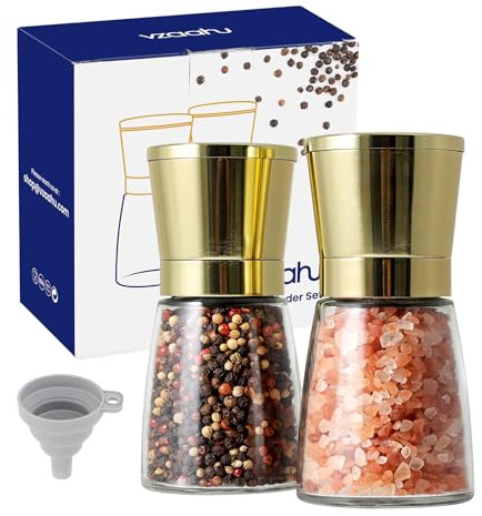 Vzaahu Salt- och pepparkvarnar 2 set med keramisk kanel, justerbar grovhet, färg guld, bärbar, påfyllningsbara kryddkvarnar, hem kök födelsedag, inflyttningsgåvor