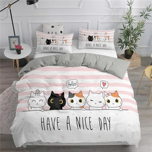 CCZM Copripiumino Singolo 155x200 Gatto Set Biancheria da Letto in Microfibra di 3 Pezzi, 1 Parure Copri Piumone con 2 Federe 50x80 cm con Cerniera