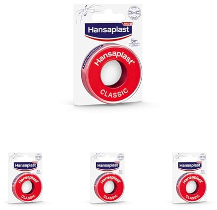 Hansaplast Fixierpflaster Classic (5 m x 1,25 cm), Tapeband zur einfachen und sicheren Fixierung von Wundverbänden, Heftpflaster Rolle mit starker Klebekraft. (Packung mit 4)