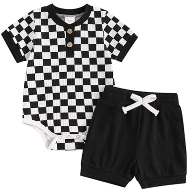 PanLidapan Newborn Baby Boys Summer Bodysuit Outfit Checkerboard Short Sleeve Romper Set Elastic Waist Drawstring Shorts 2Pcs Clothes Set (Black, 6-9 Months)