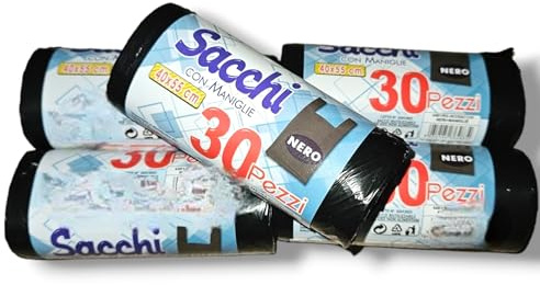 Sacchetti per la spazzatura con manici, 150 pezzi, 40x55 cm, in rotoli da 30 pezzi, colore nero