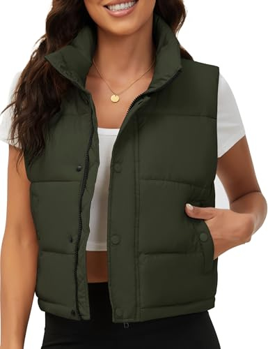 Fengbay Womens Puffer Vest Sleeveless Zip Up Puffy Cropped Vests Warm Stand Collar Down Vest Lightweight Bubble Quilted Vest, Army Green, Small