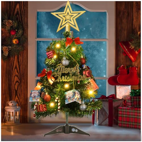 XineYuor Liten julgran, Mini Julgran 30 cm, Konstgjord Bord Julgran med LED-lampor Och Juldekorationer Hem Kök Matbord