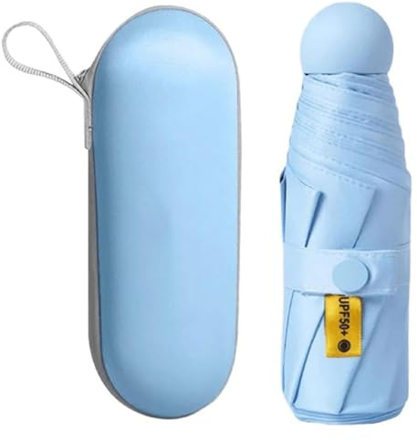 Kiuiom Travel Umbrella,Small UV Umbrella,Folding Sun Windproof Rain with Capsule Case,Folding Travel 6 Ribs Mini Sturdy Pocket Portable UV with Storage Box For Men and Women (Blue)