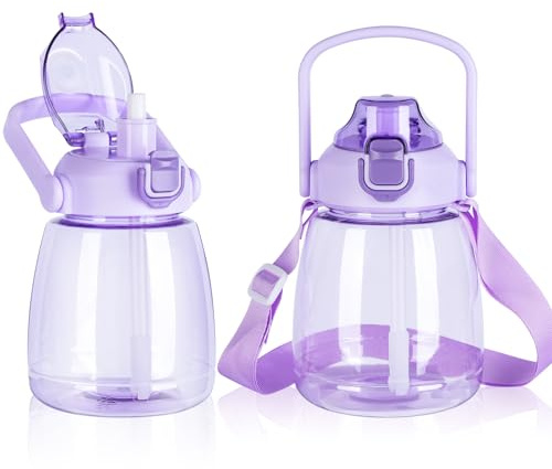 YOBOKO 1.1L Large Water Bottle Lovely Wide Mouth Drink Bottle with Handle Leak Proof Big Bottle with Straw and Adjustable Strap for Camping Cycling Gym Sports (1PC, Purple)