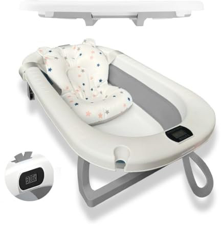Bañera Bebé Plegable Portatil con Termómetro Integrado, Diseño Ergonómico, Cojín Antideslizante y Tapa de Seguridad (Gris pastel)