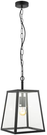 Happy Homewares Classic Lantern Pendant Ceiling Light in Matte Black with Clear Glass Sides | 138cm Maximum Height x 22cm Width | 1 x 11w LED