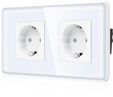 CNBINGO Enchufe doble de cristal para empotrar – Doble enchufe Schuko con placa de cristal curvado 2,5D – 16 Amp – Enchufe de pared con protección de seguridad para niños – 2 enchufes blanco