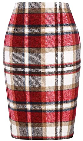 Faldas a cuadros negras con ranura lápiz para mujer de talle alto de invierno, falda midi de lana hasta la rodilla con hendidura ajustada, rojo, L