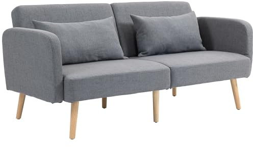 HOMCOM Divano convertibile a 3 posti, divano letto a 2 posti, schienale reclinabile e braccioli regolabili, clic clac in tessuto effetto lino, gambe in legno massello, 2 cuscini lavabili, grigio