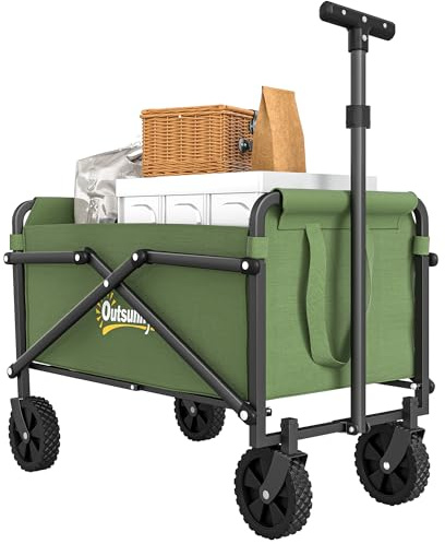Outsunny 41L Festival Trolley on Wheels, Compact Garden Folding Trolley Cart, 60kg Heavy Duty Collapsible Foldable Wagon with Adjustable Handle and Carrying Bag for Beach, Camping, Festival, Green
