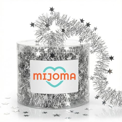 MIJOMA Lametta trådgirlang, gnistrande stjärnor – 7 m julgirlang för julgran, adventskrans, festlig dekoration – snygg för fester, bröllop, speciella tillfällen (silver)